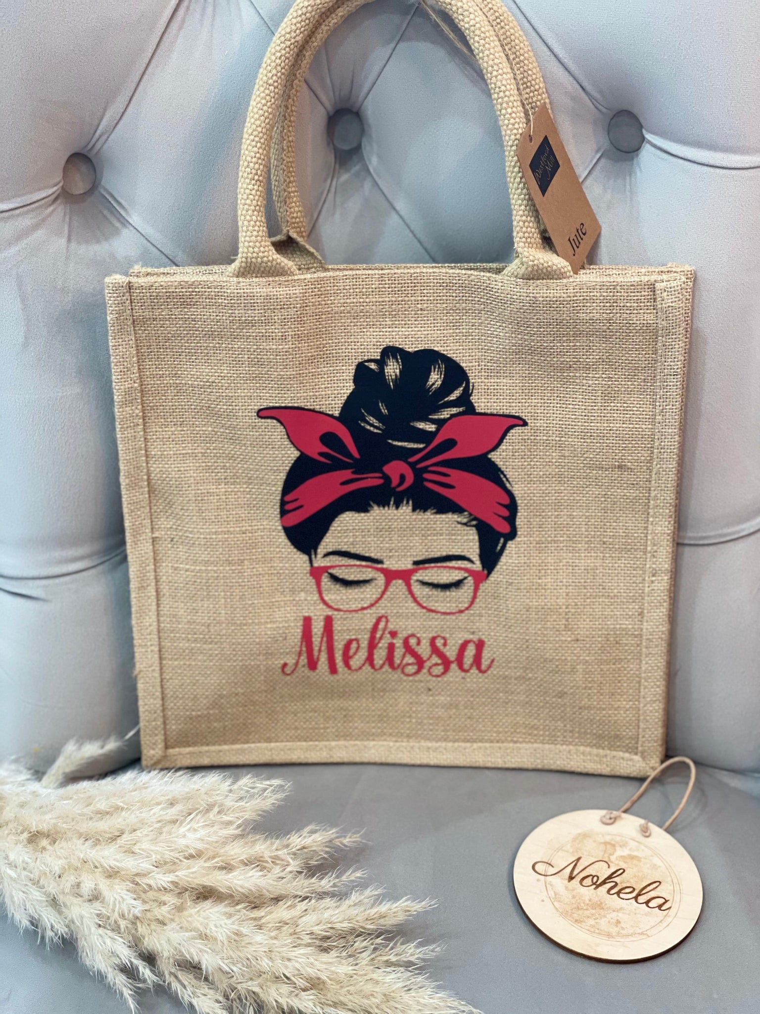 Jute Tasche Brille mit Schleife